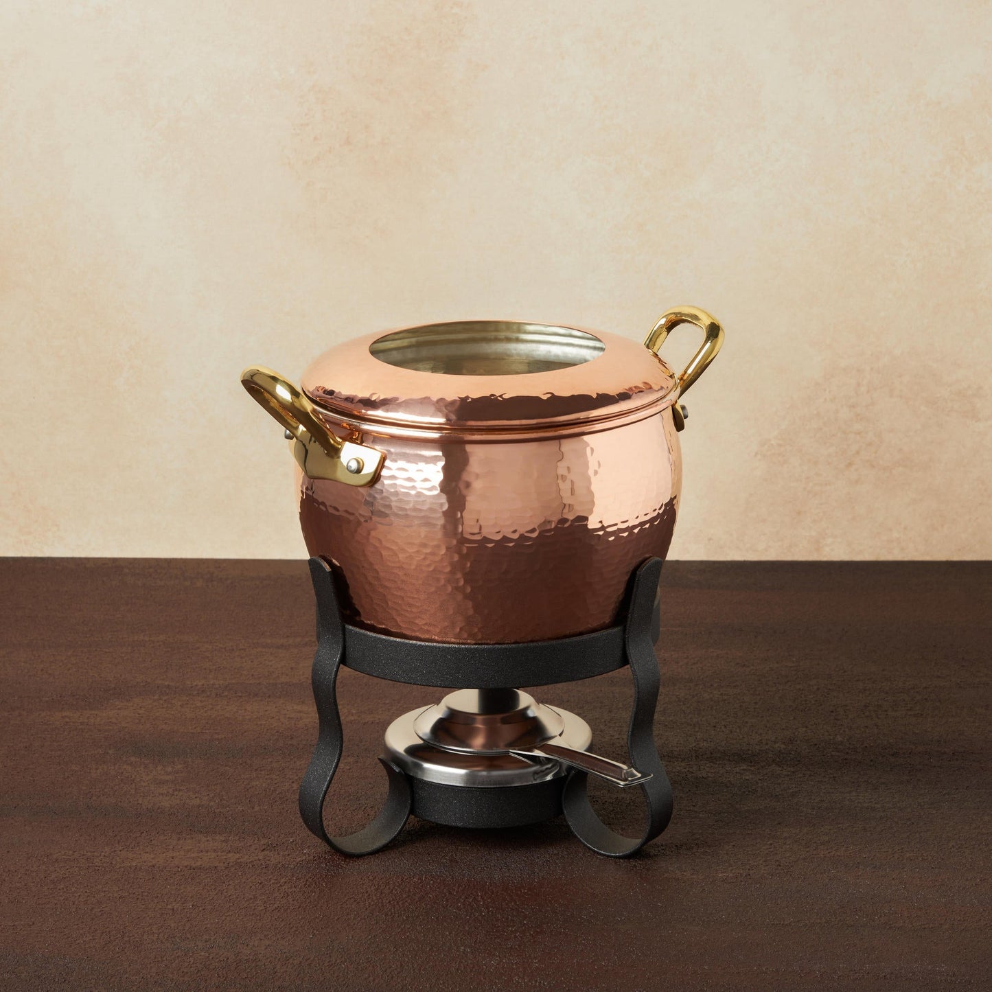 Hammered copper 4 Piece Foundue Michelle Set lined with high purity tin applied by hand over fire and bronze handles, from Ruffoni Historia collection