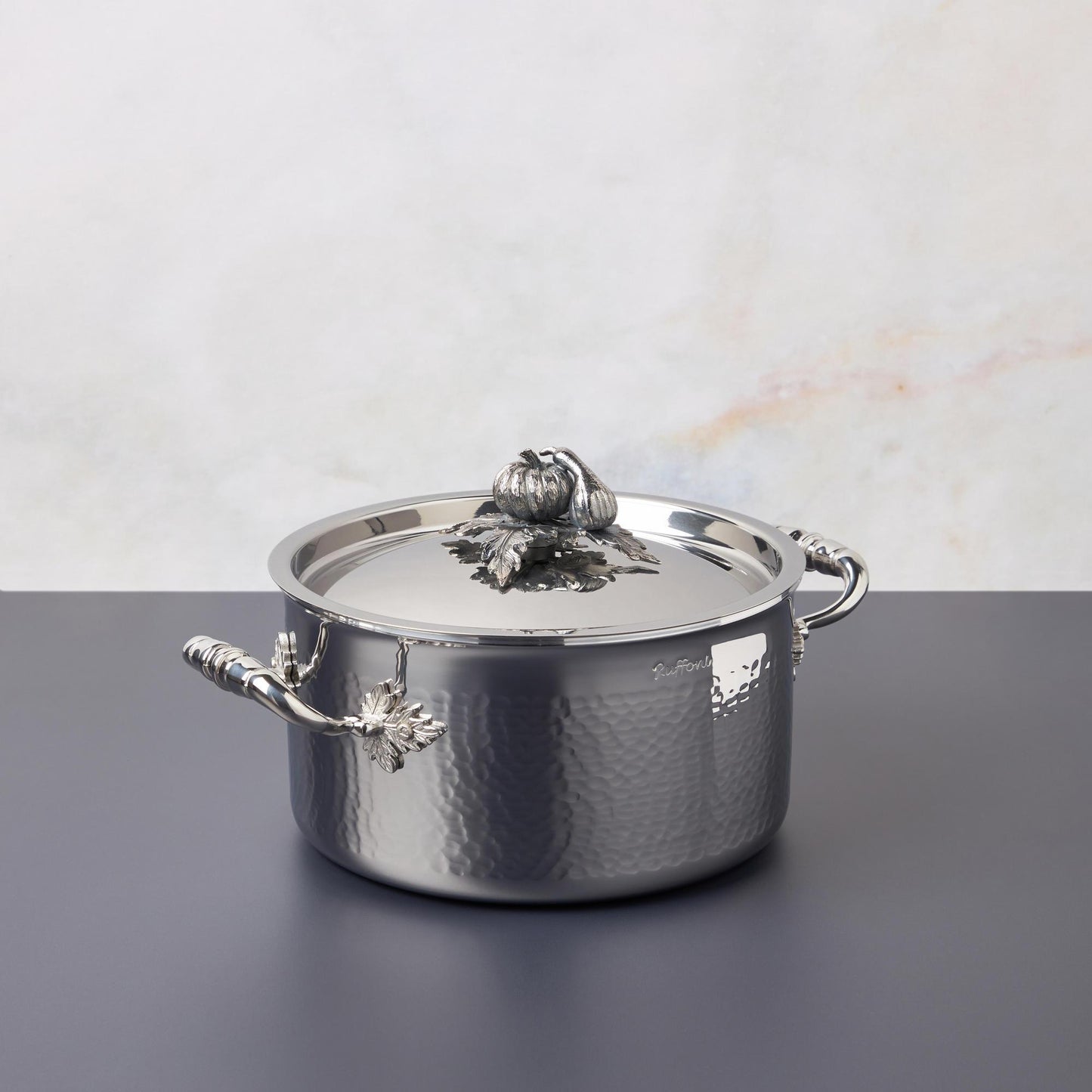 Opus Prima hammered clad stainless steel soup pot with decorated silver-plated lid knob finial from Ruffoni