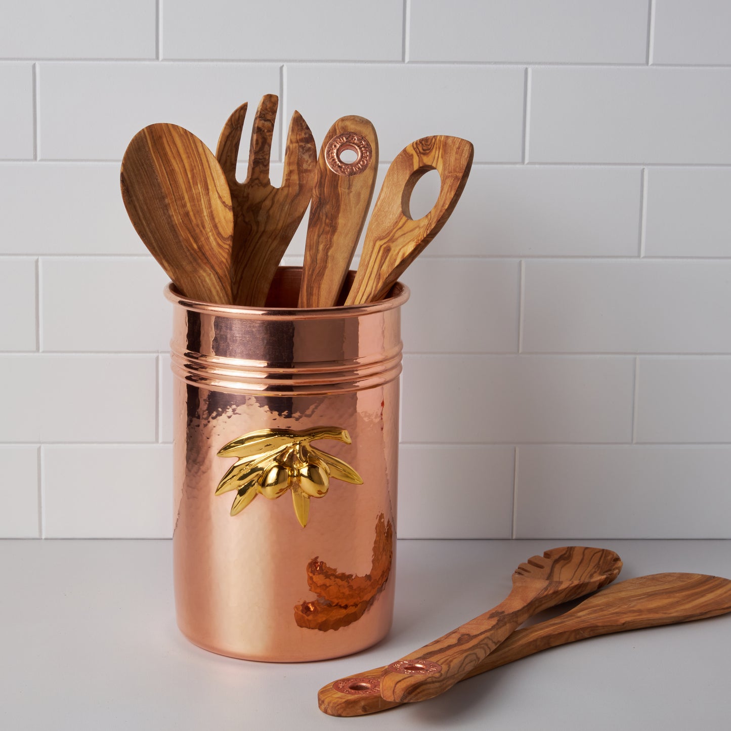 Copper Utensil Holder with 6 pcs Olivewood Tool Set