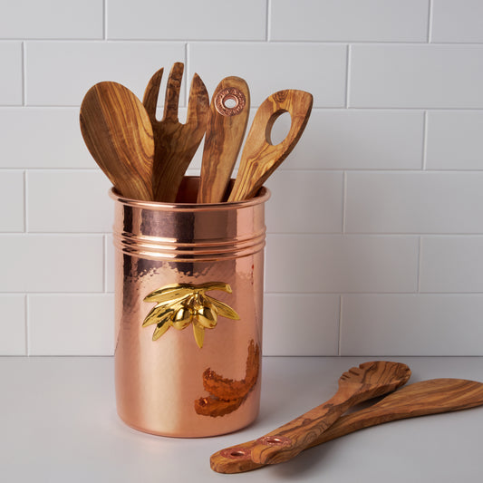 Copper Utensil Holder with 6 pcs Olivewood Tool Set