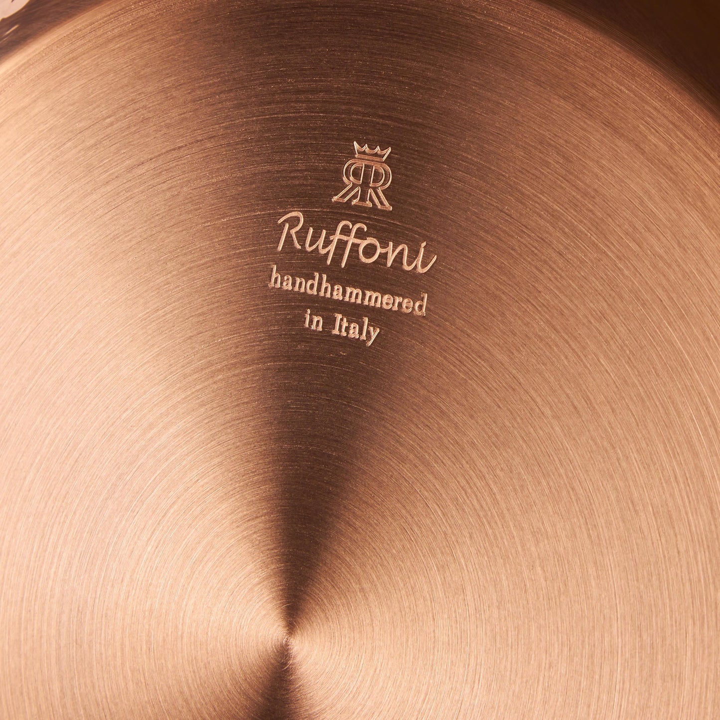 Ruffoni Made in Italy brand logo stamped under Opus Cupra copper soup pot for authenticity