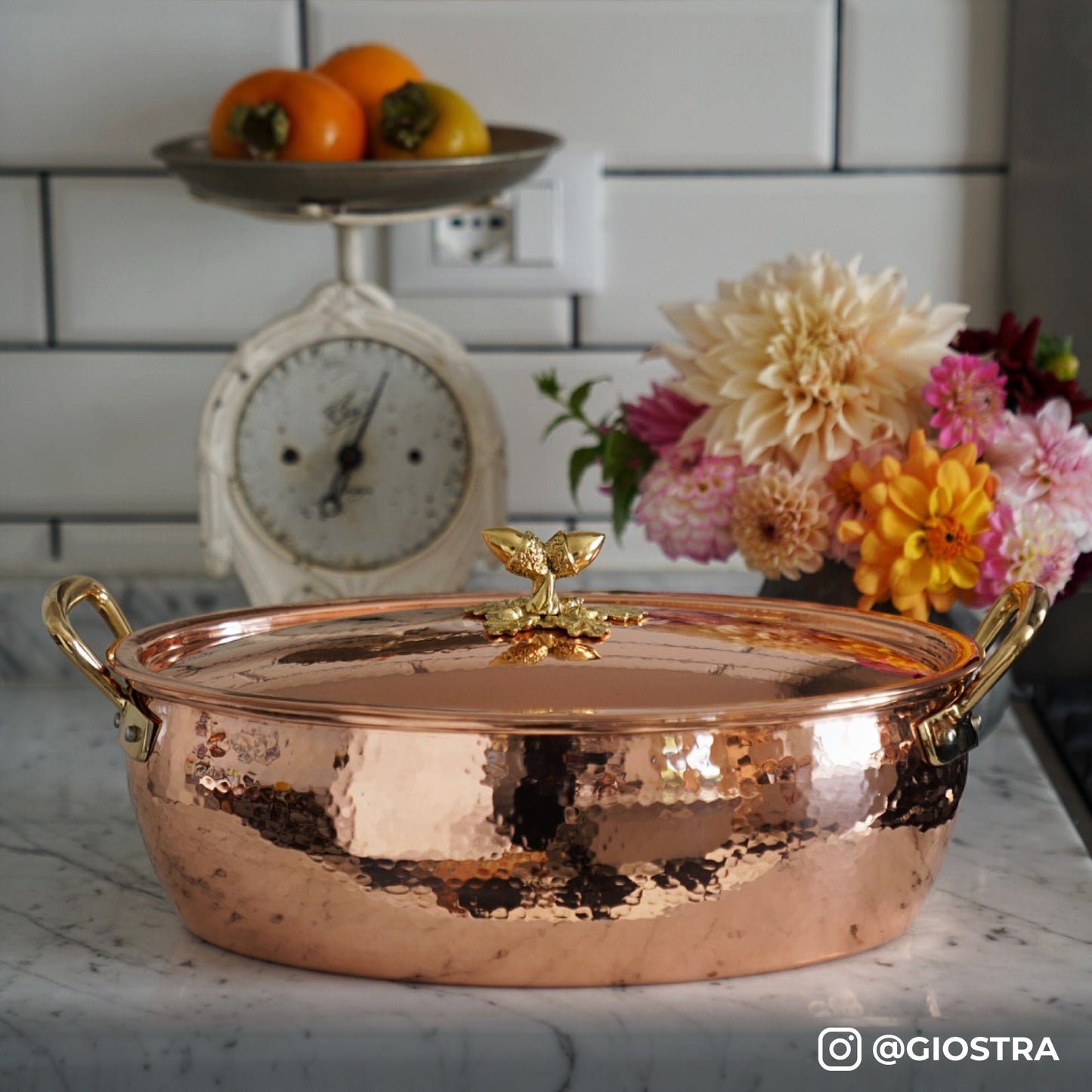 Hammered copper 8 Qt Oval Casserole lined with high purity tin applied by hand over fire and bronze handles, from Ruffoni Historia collection