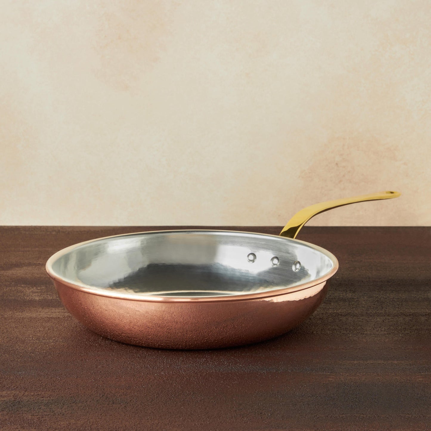 Hammered copper 11"Frying lined with high purity tin applied by hand over fire and bronze handles, from Ruffoni Historia collection