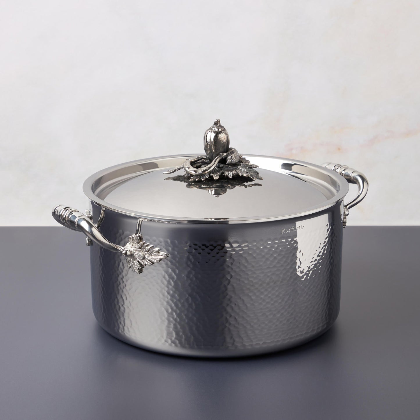 Opus Prima hammered clad stainless steel stockpot with decorated silver-plated lid knob finial from Ruffoni