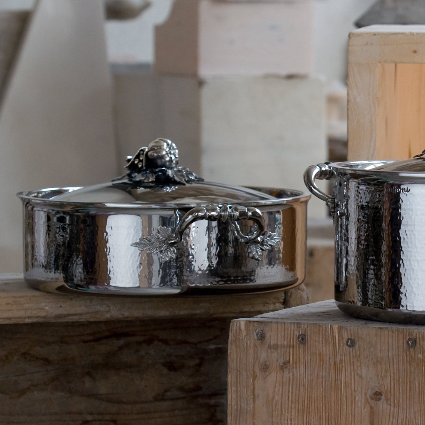 Opus Prima hammered clad stainless steel braiser with decorated silver-plated lid knob finial from Ruffoni