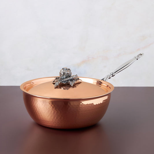 Opus Cupra hammered copper  with stainless steel lining and decorated silver-plated lid knob finial from Ruffoni