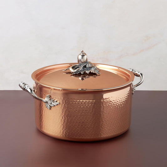 Opus Cupra hammered copper  with stainless steel lining and decorated silver-plated lid knob finial from Ruffoni