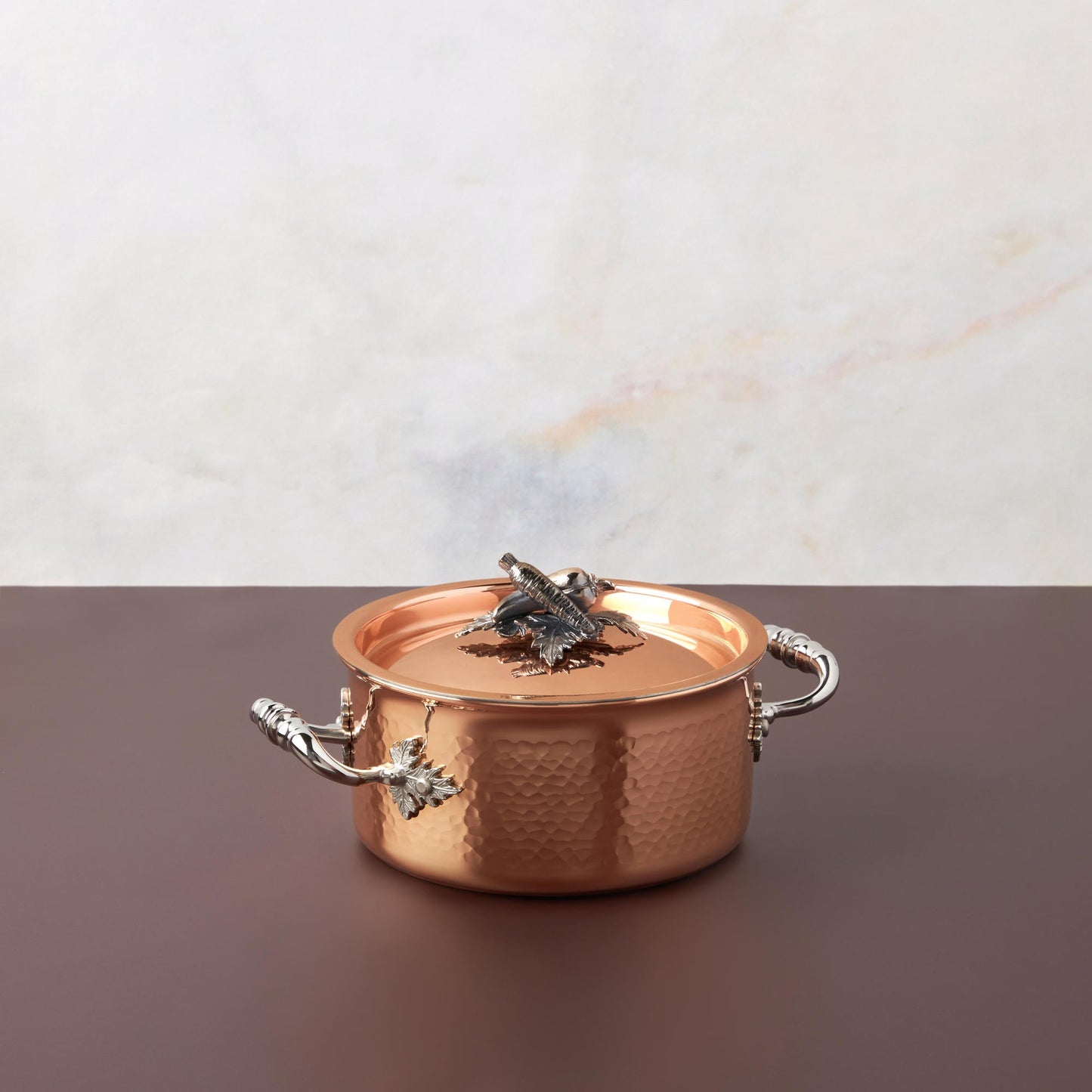 Small Saucepot Opus Cupra hammered copper with stainless steel lining and decorated silver-plated lid knob finial from Ruffoni