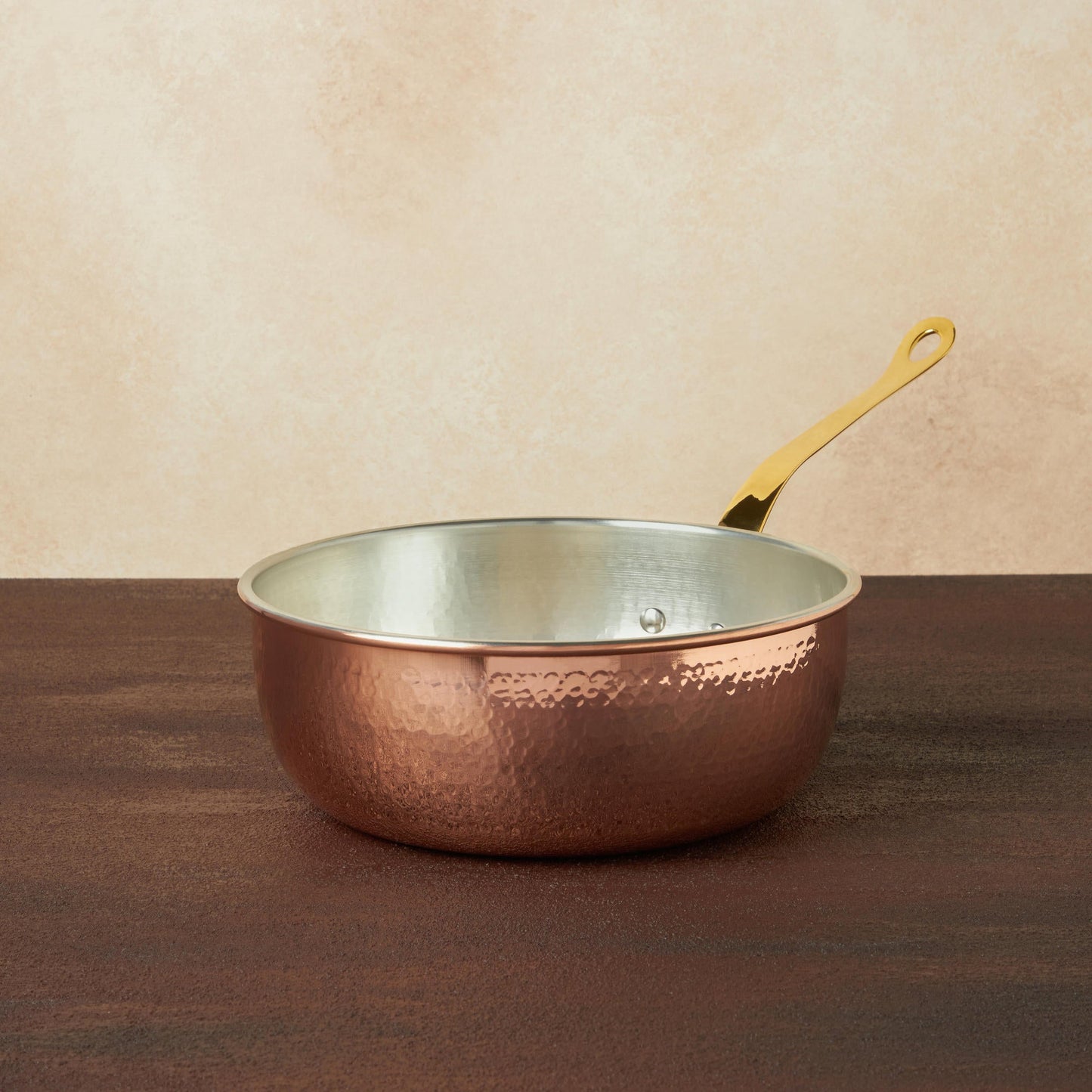 Hammered copper 3.5 Qt Chef's Pan lined with high purity tin applied by hand over fire and bronze handles, from Ruffoni Historia collection