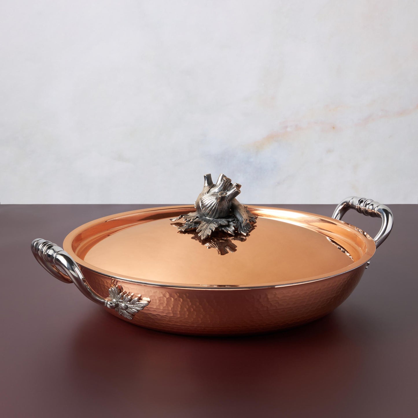Opus Cupra hammered copper with stainless steel lining and decorated silver-plated lid knob finial from Ruffoni