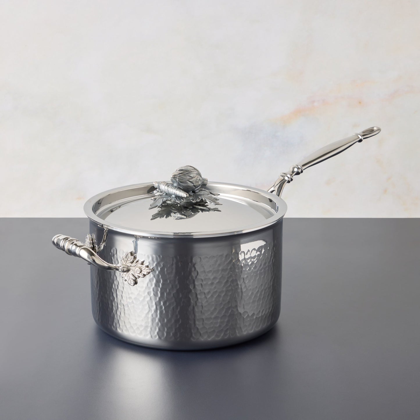 Opus Prima hammered clad stainless steel 4 Qt saucepan with decorated silver-plated lid knob finial from Ruffoni