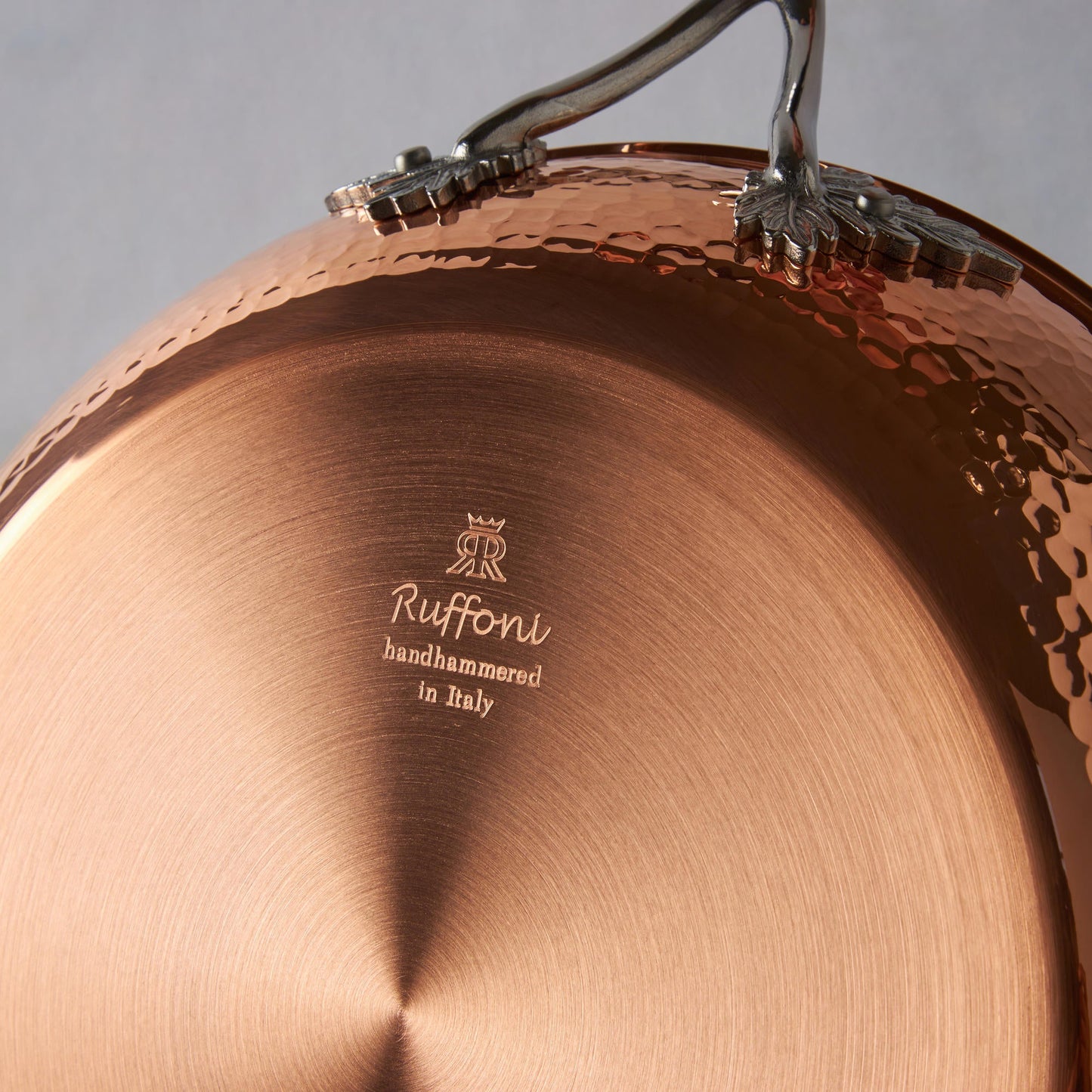 Ruffoni Made in Italy brand logo stamped under Opus Cupra copper frying pan for authenticity
