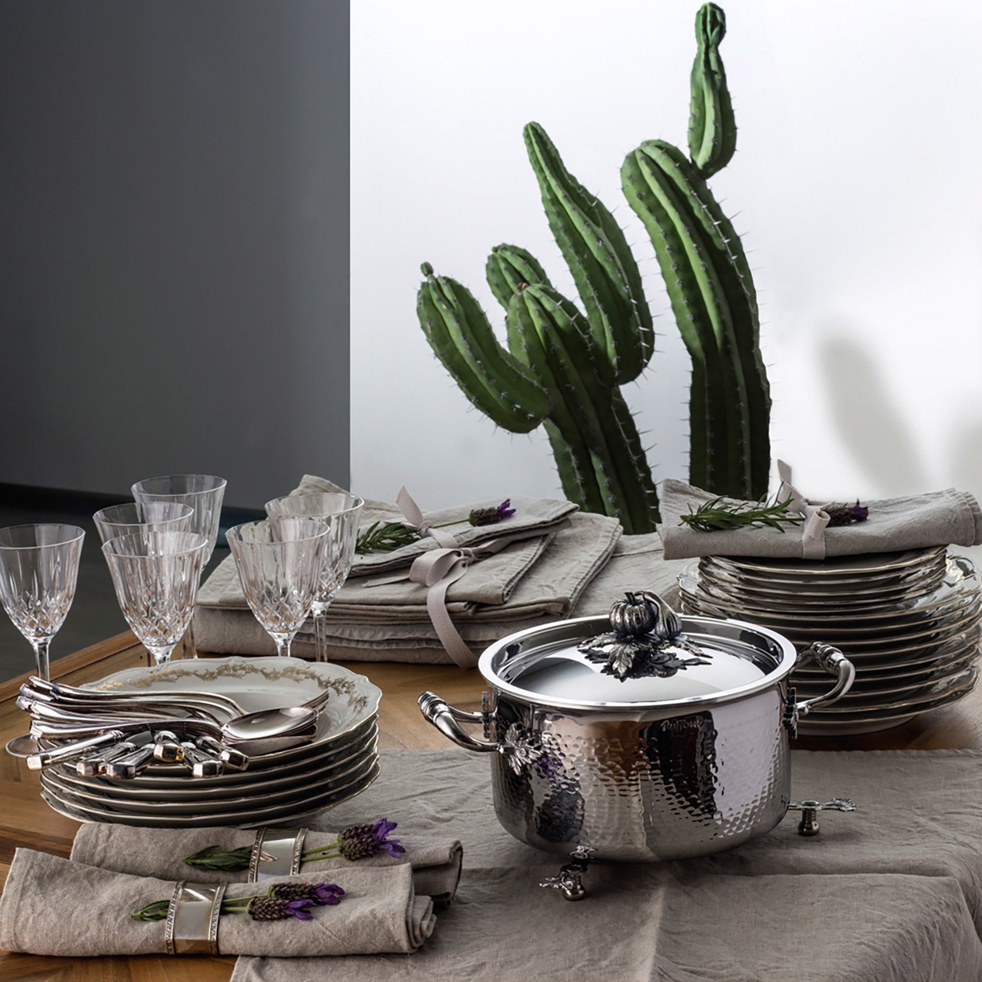 Soup pot on a table with plates, glasses, silverware, and a couple cacti.