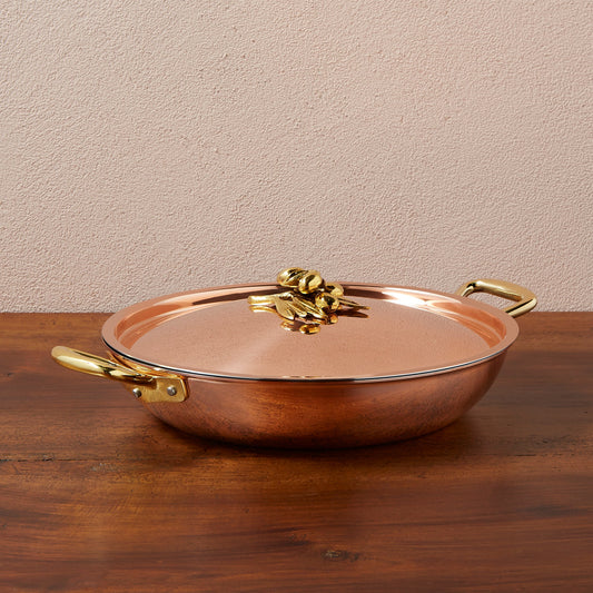 Ruffoni Olivia Cupra 12-inch serving frying pan copper cookware with stainless steel lining, brass handles, and decorated lids with brass olive and leaf knob finials
