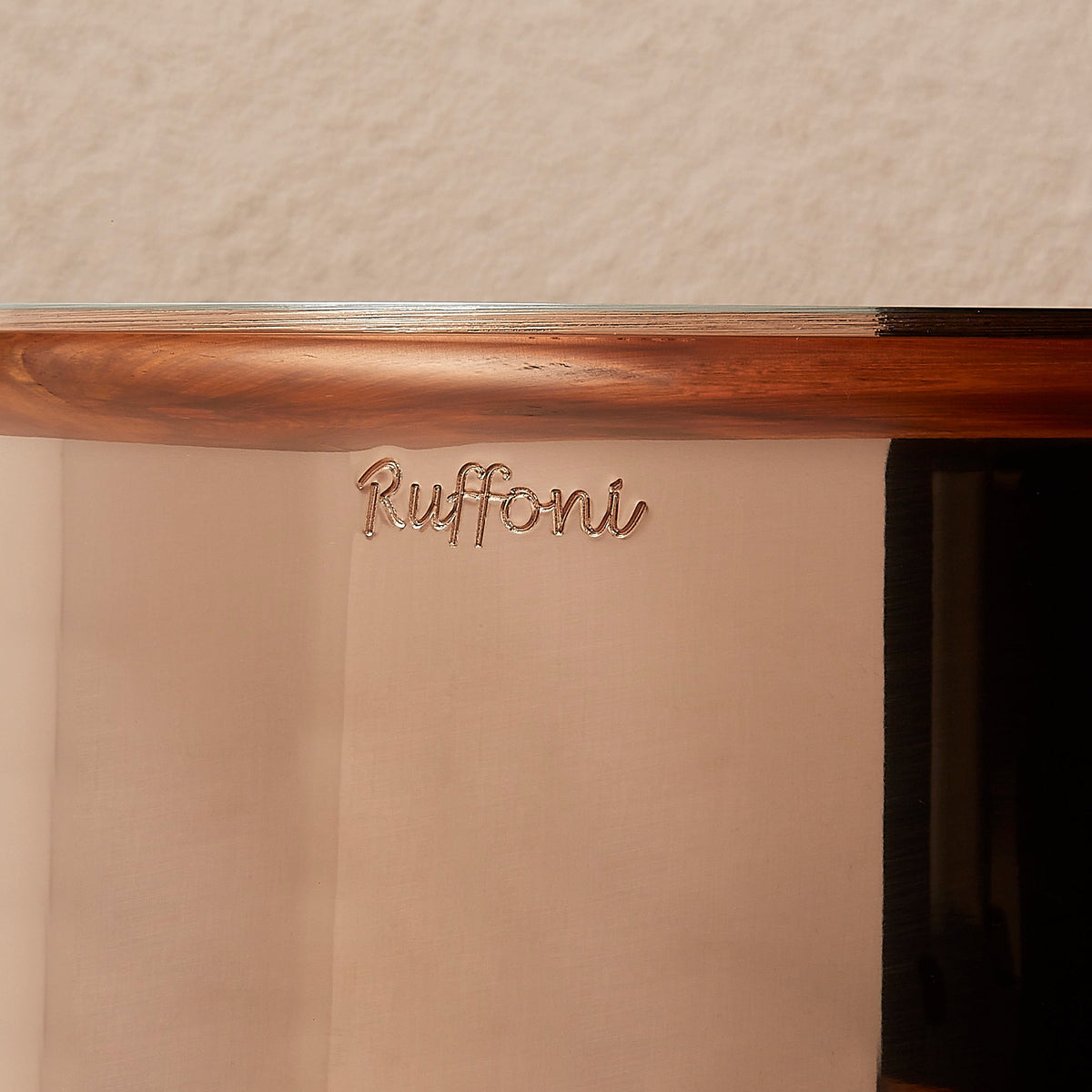 Ruffoni signature engraved on the polished copper exterior of Olivia Cupra cookware