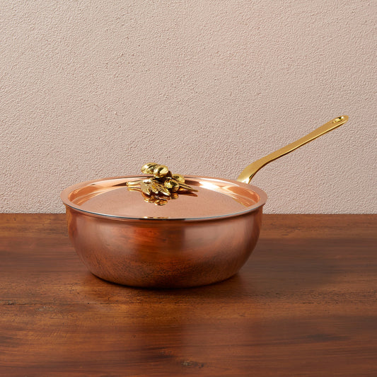 Ruffoni Olivia Cupra 4qt chef pan copper cookware with stainless steel lining, brass handles and decorated lids with brass olive and leaf knob finials