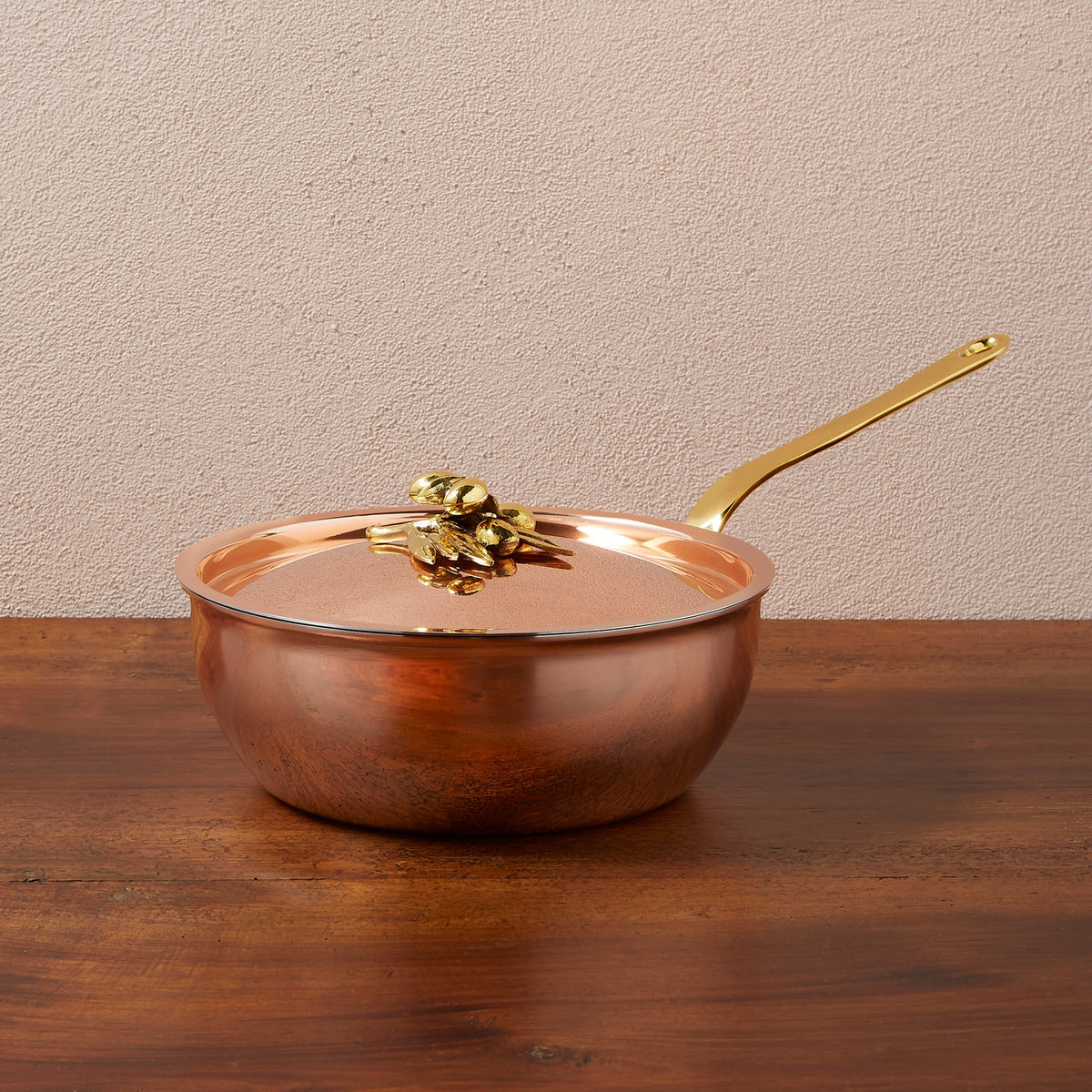 Ruffoni Olivia Cupra 4qt chef pan copper cookware with stainless steel lining, brass handles and decorated lids with brass olive and leaf knob finials
