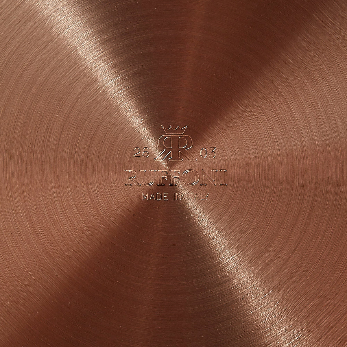 Ruffoni Made in Italy logo stamped on the copper base of Olivia Cupra cookware for authenticity