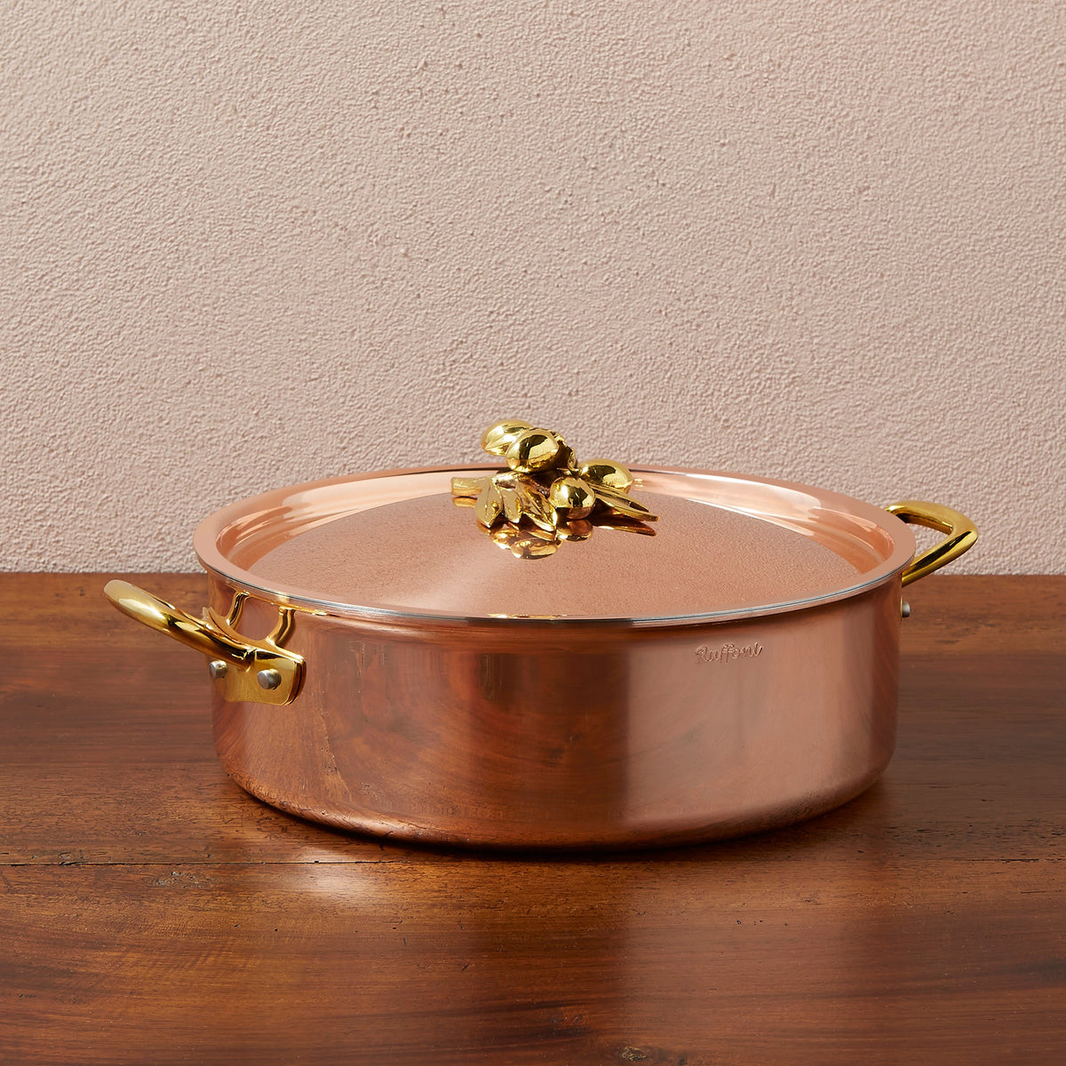 Ruffoni Olivia Cupra 5qt braiser copper cookware with stainless steel lining, brass handles and decorated lids with brass olive and leaf knob finials