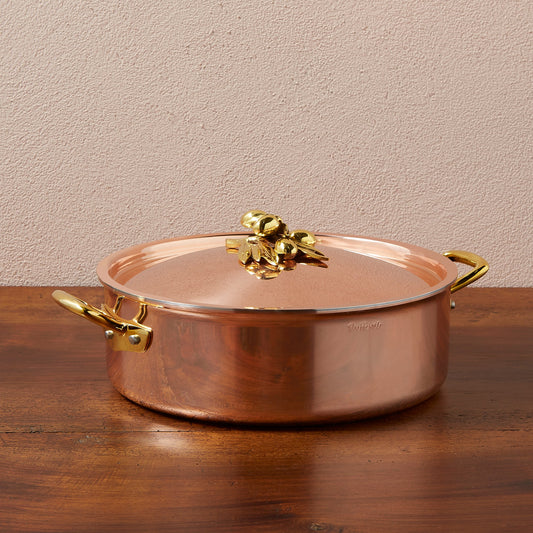 Ruffoni Olivia Cupra 5qt braiser copper cookware with stainless steel lining, brass handles and decorated lids with brass olive and leaf knob finials