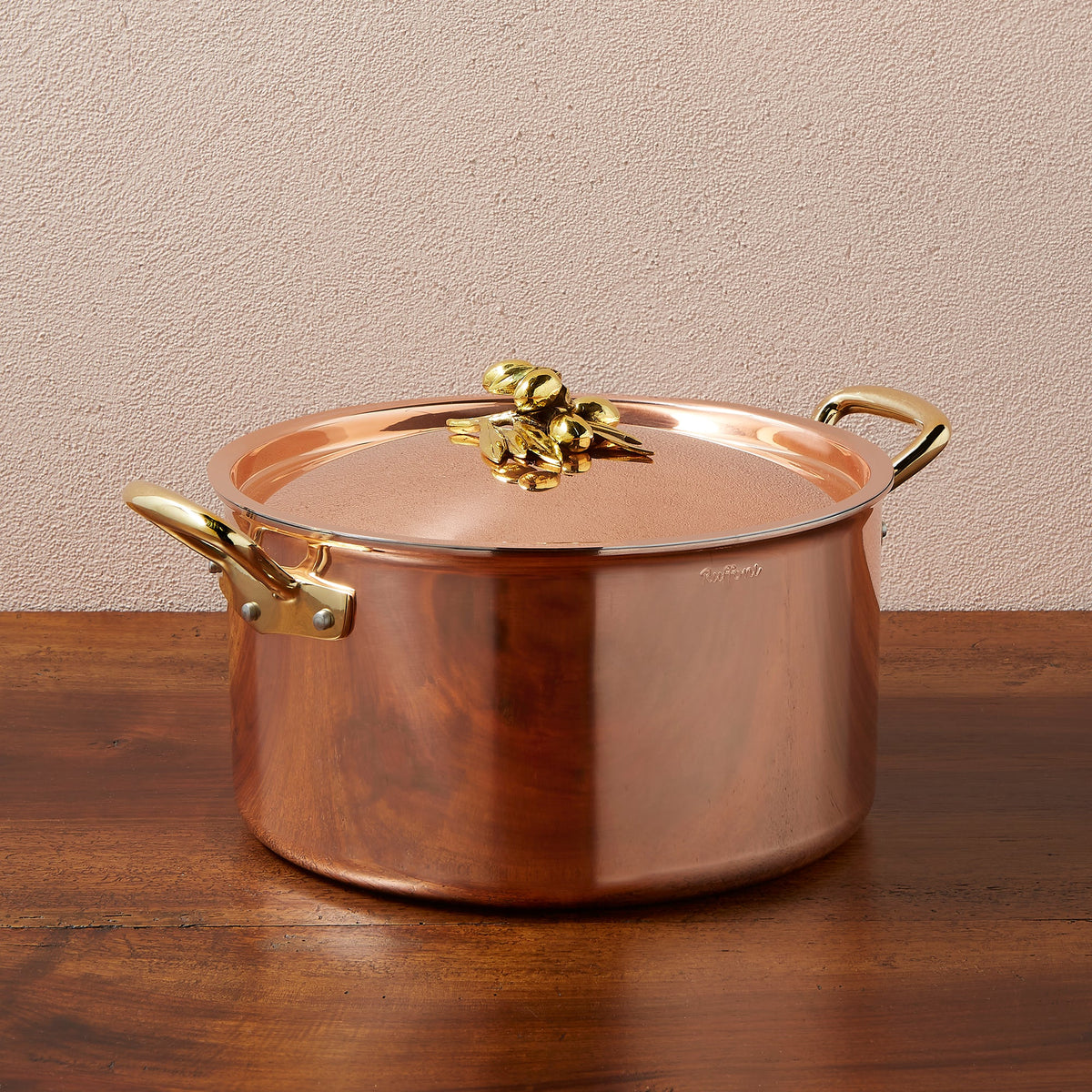 Ruffoni Olivia Cupra 8qt stockpot copper cookware with stainless steel lining, brass handles and decorated lids with brass olive and leaf knob finials