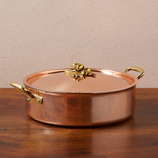 Ruffoni Olivia Cupra 7qt braiser copper cookware with stainless steel lining, brass handles and decorated lids with brass olive and leaf knob finials