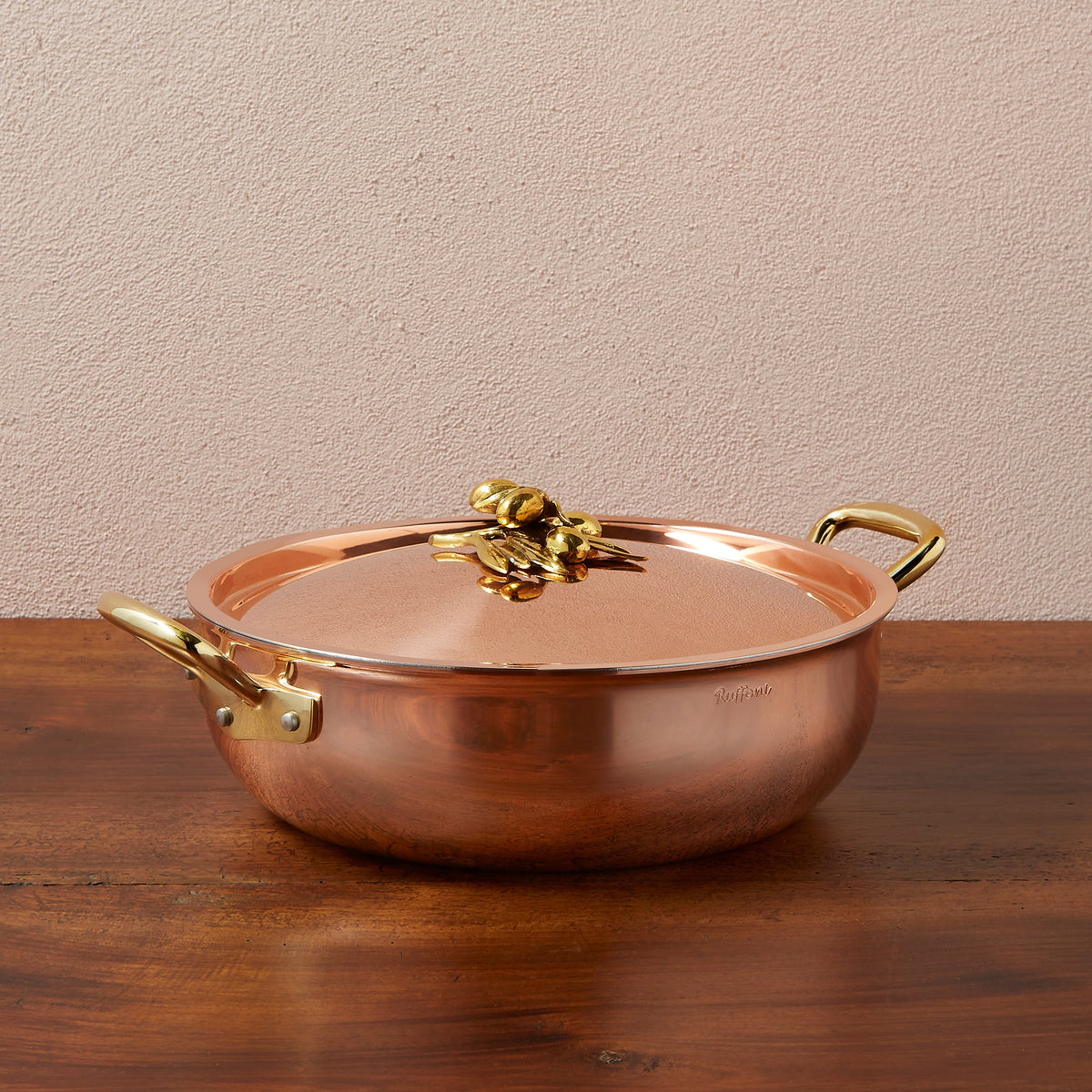 Ruffoni Olivia Cupra 5qt ultimate pan copper cookware with stainless steel lining, brass handles and decorated lids with brass olive and leaf knob finials