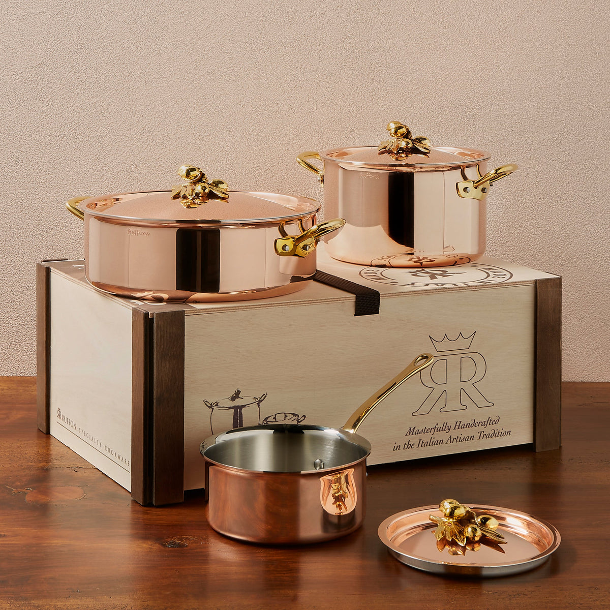 Ruffoni Olivia Cupra 6-piece copper cookware set with stainless steel lining, brass handles and decorated lids with brass olive and leaf knob finials