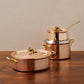 Ruffoni Olivia Cupra 6-piece copper cookware set with stainless steel lining, brass handles and decorated lids with brass olive and leaf knob finials