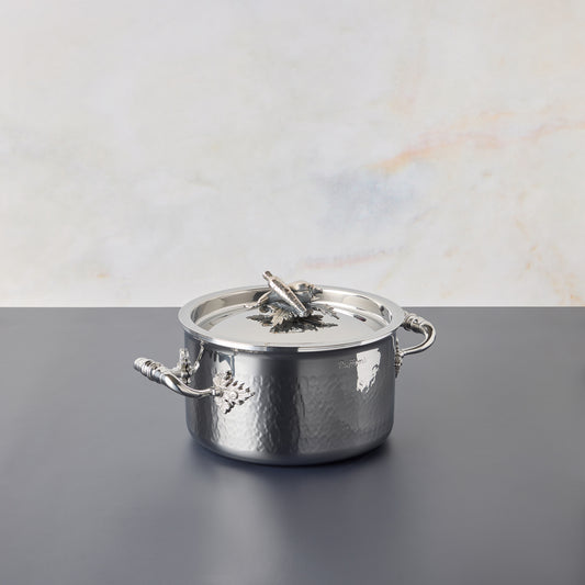 Opus Prima hammered clad stainless steel small saucepan with decorated silver-plated lid knob finial from Ruffoni