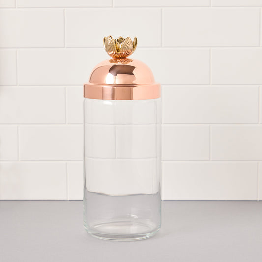 1.5 QT Glass Kitchen jar with sealed copper lid and lotus-shaped bronze knob