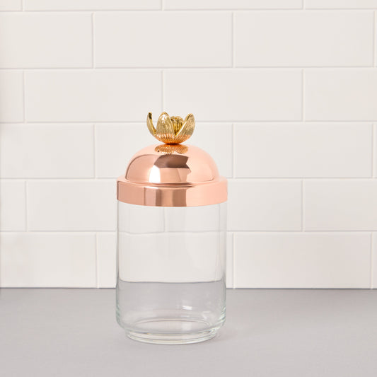 1 QT Glass Kitchen jar with sealed copper lid and lotus bronze finial