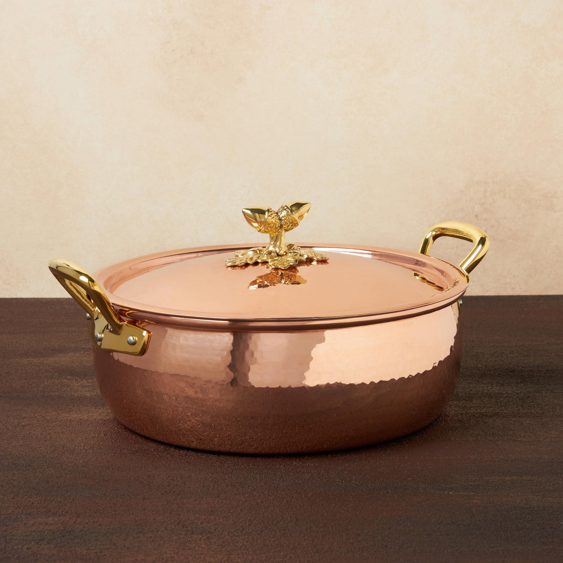 Hammered copper 6 Qt Braiser lined with high purity tin applied by hand over fire and bronze handles, from Ruffoni Historia collection