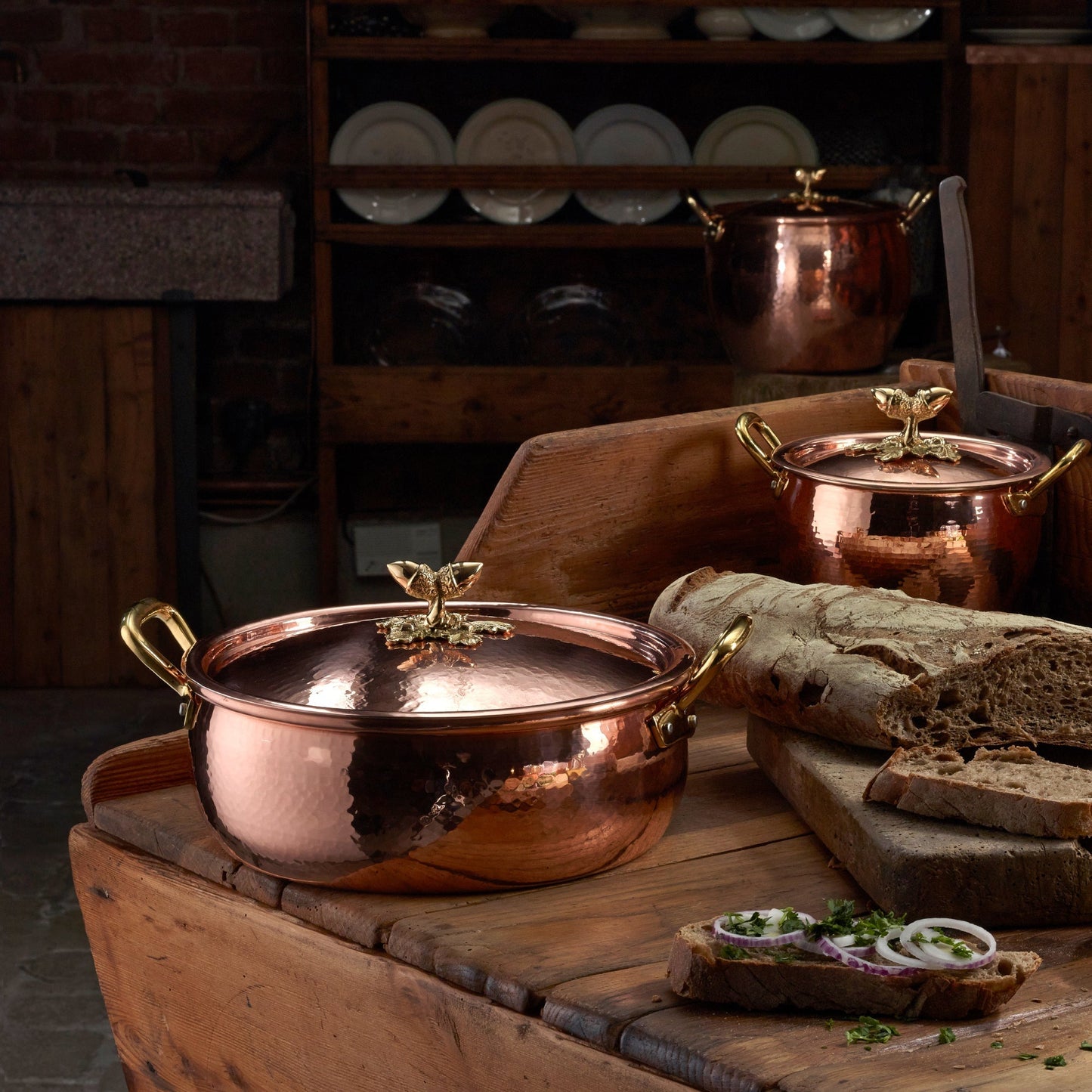 Hammered copper 6 Qt Braiser lined with high purity tin applied by hand over fire and bronze handles, from Ruffoni Historia collection