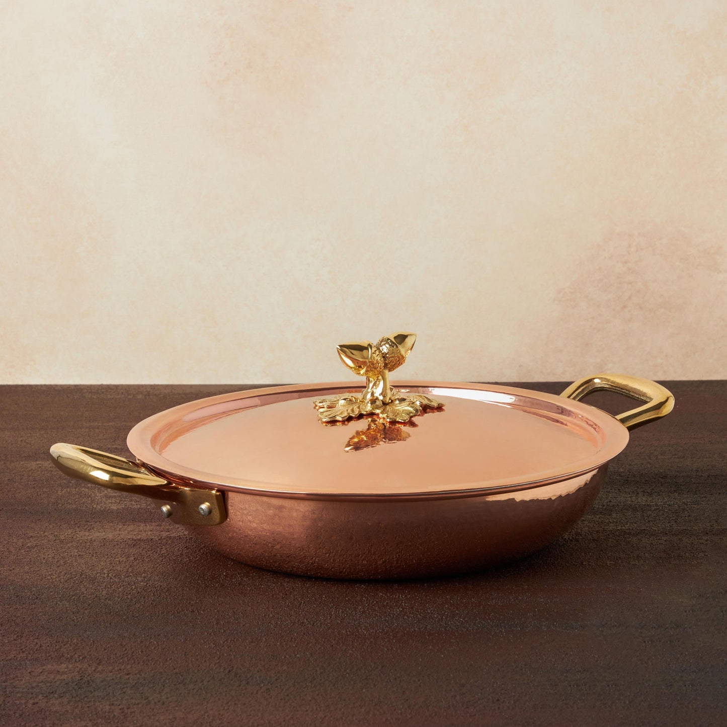 Hammered copper 11" Double Handle Fry Pan lined with high purity tin applied by hand over fire and bronze handles, from Ruffoni Historia collection