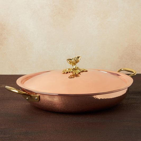 Hammered copper 13.75" Double Handle Fry Pan lined with high purity tin applied by hand over fire and bronze handles, from Ruffoni Historia collection