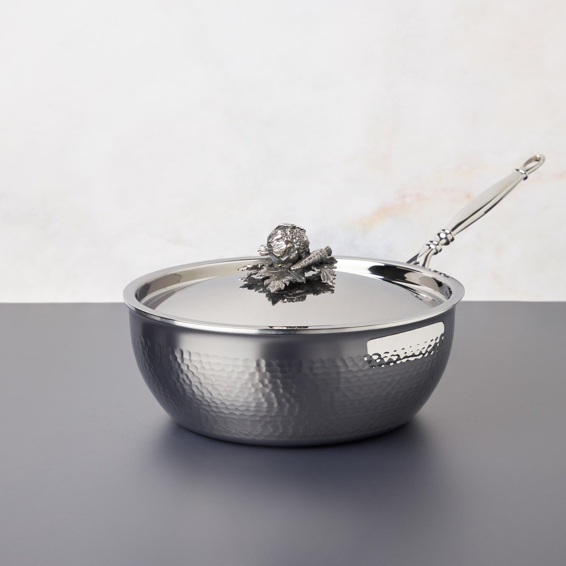  Opus Prima hammered clad stainless steel chefs pan with decorated silver-plated lid knob finial from Ruffoni