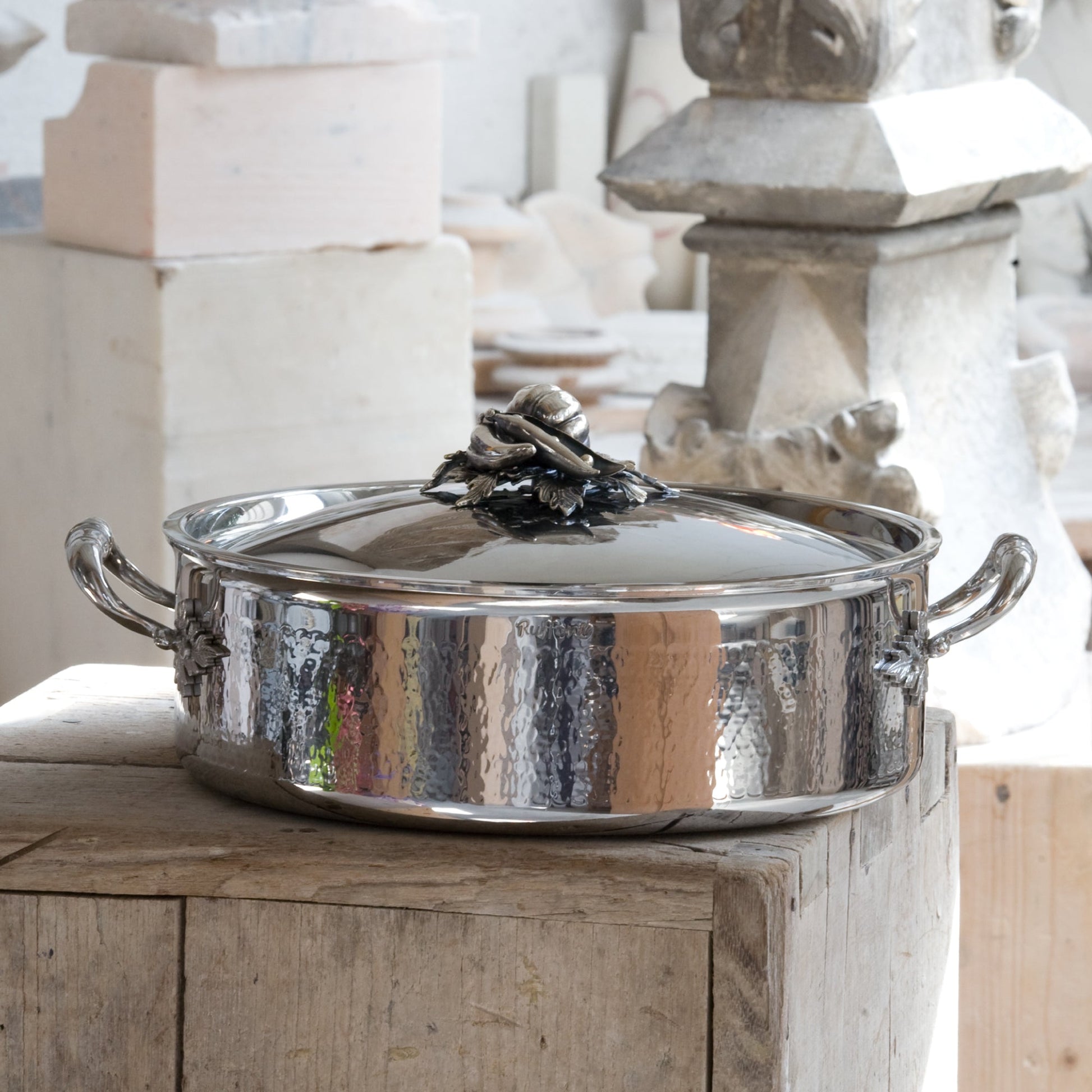 Opus Prima hammered clad stainless steel braiser with decorated silver-plated lid knob finial from Ruffoni